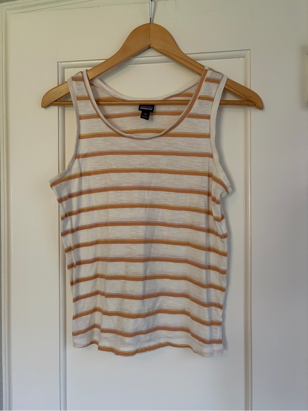 Patagonia White and Tan Striped Tank Top